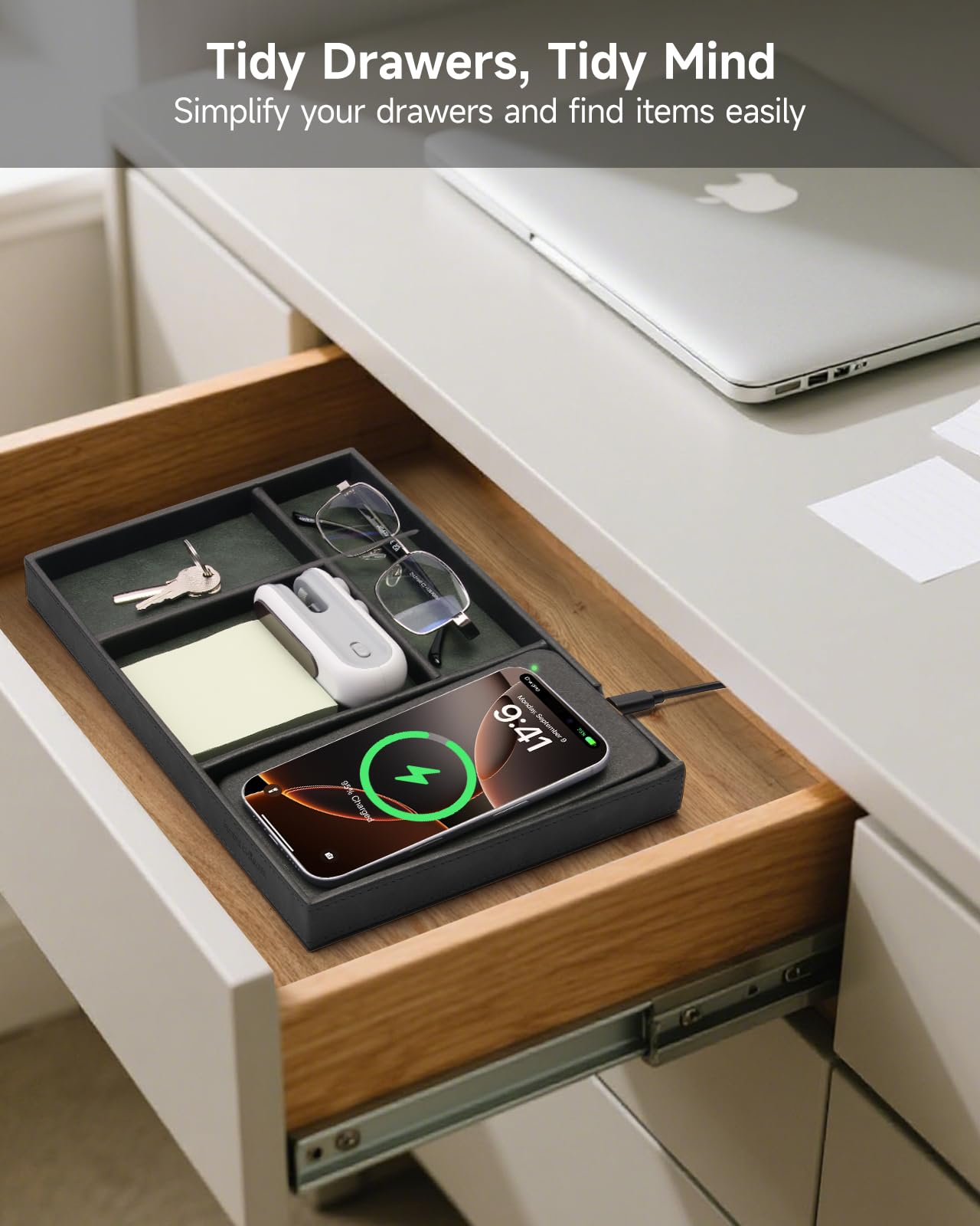 Valet Tray, Built in Wireless Charging Pad, Nightstand Organizer, Two-Toned Premium Vegan Leather Desk Bedside Caddy Organizer Tray for Keys, Watch, Wallet, Jewelry (Black+Green)