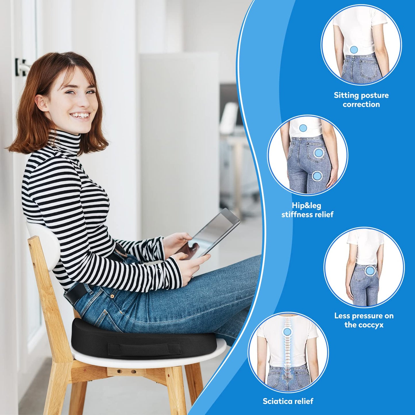 CushZone Seat Cushion - Memory Foam Office Chair Cushion for Sciatica, Tailbone & Back Pain Relief - Orthopedic Coccyx Pillow for Car, Airplane, Pregnancy & Long Sitting at Work, Black
