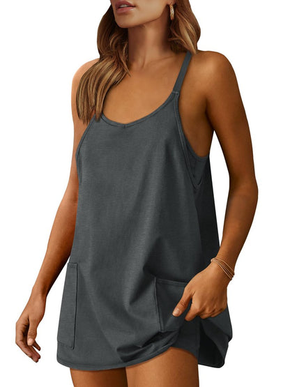 ANRABESS Women Athletic Dress Summer Tennis Workout Active Sports Mini Romper Dress Built in Shorts Travel Vacation Clothes Deep Gray XX-Large