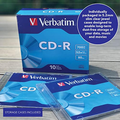 Verbatim CD-R Blank Discs 700MB 80-Minutes 52X Recordable Disc for Data and Music - 10 Pack Slim Cases
