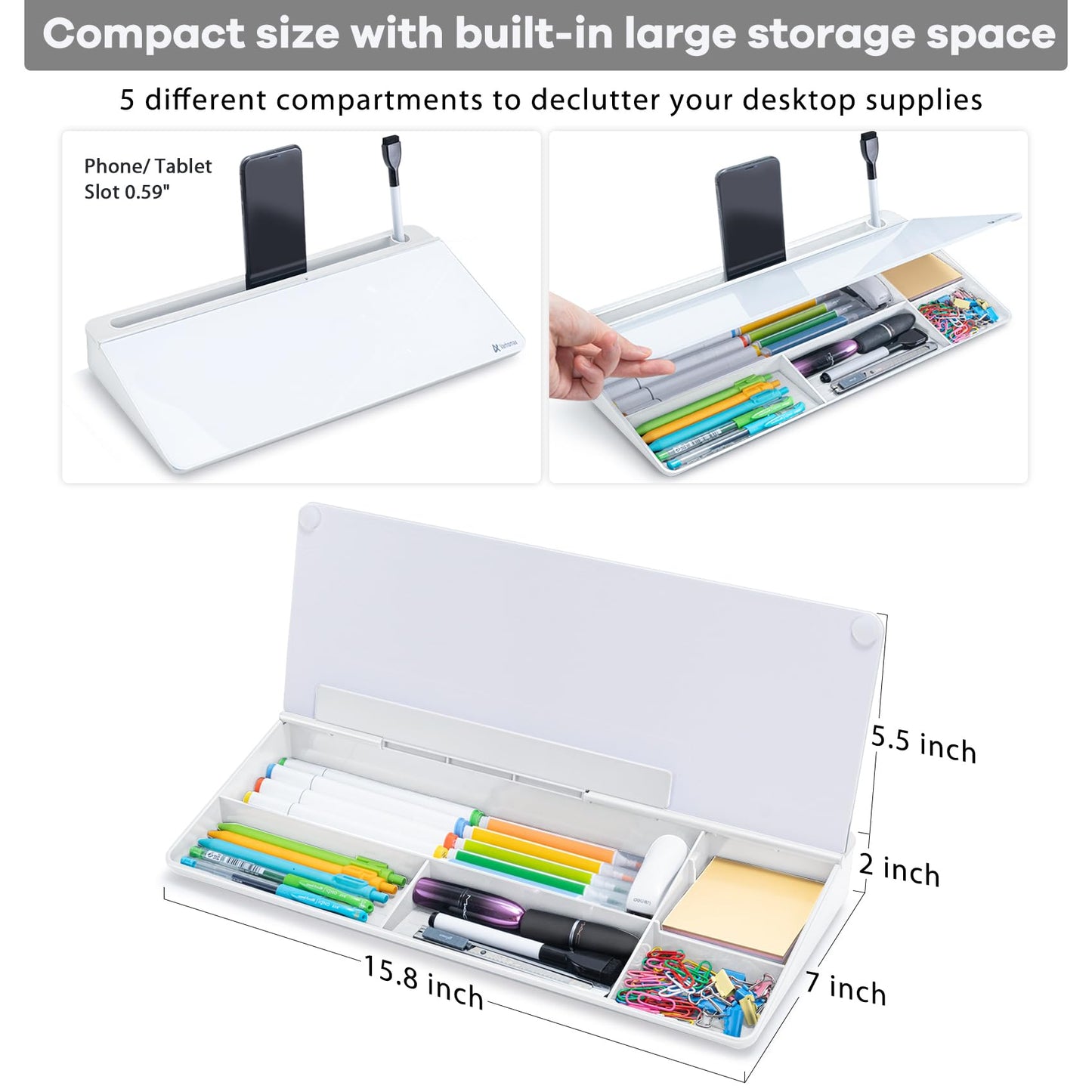 Varhomax Glass Desk Whiteboard with Storage, Desktop Organizer to-do List Memo Notepad Dry Erase White Board for Home Office and School Supplies (White)