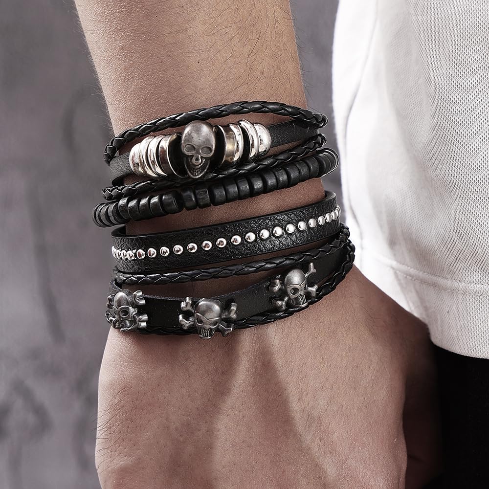 KISS WIFE Leather Bracelet for Men, 4 Packs Punk Bracelets Set, PU Braided Wrap Wristband Skull Skeleton Rock Emo Jewelry Accessories Adjustable Black Brown