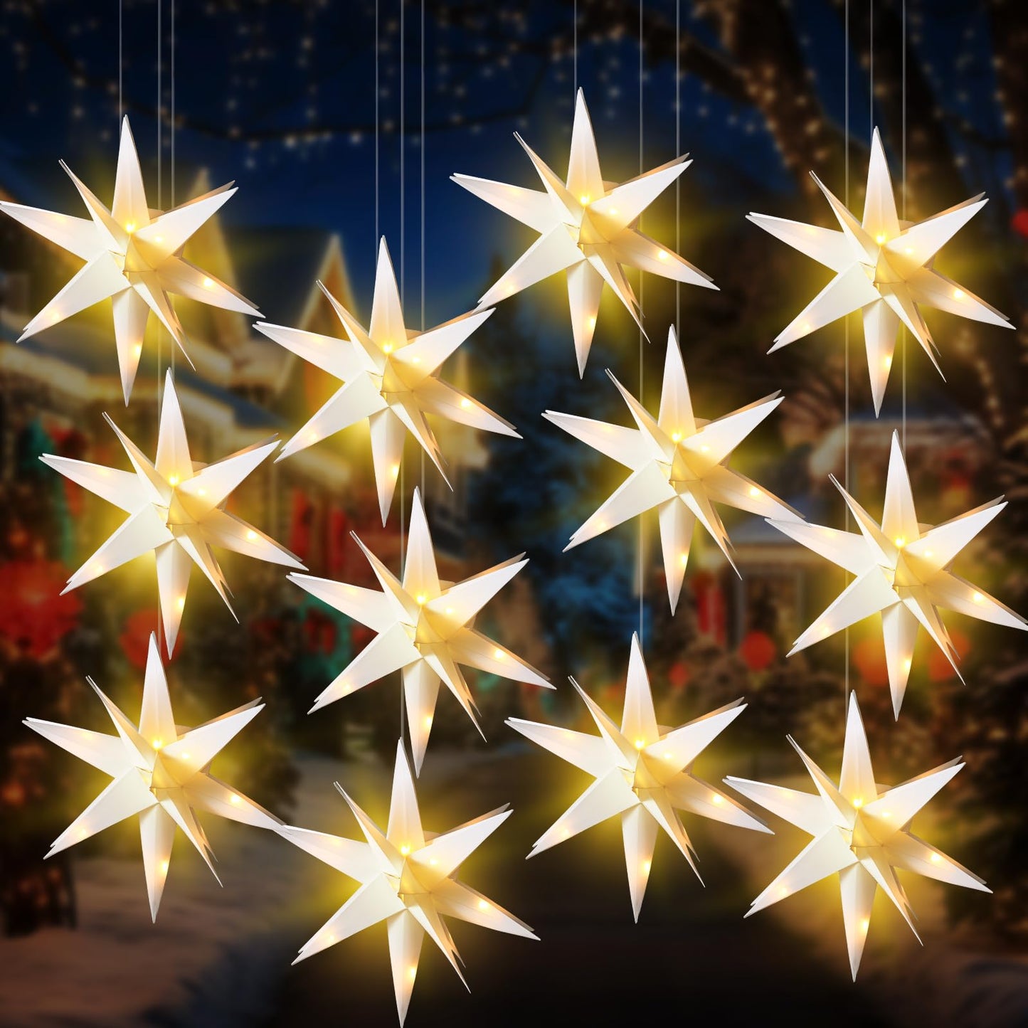 VIHOSE 12 Pcs Large White Moravian 15'' Led Tree Topper 3D Lighted Christmas Holiday Porch Hanging Outdoor Xmas for Window Home Decoration