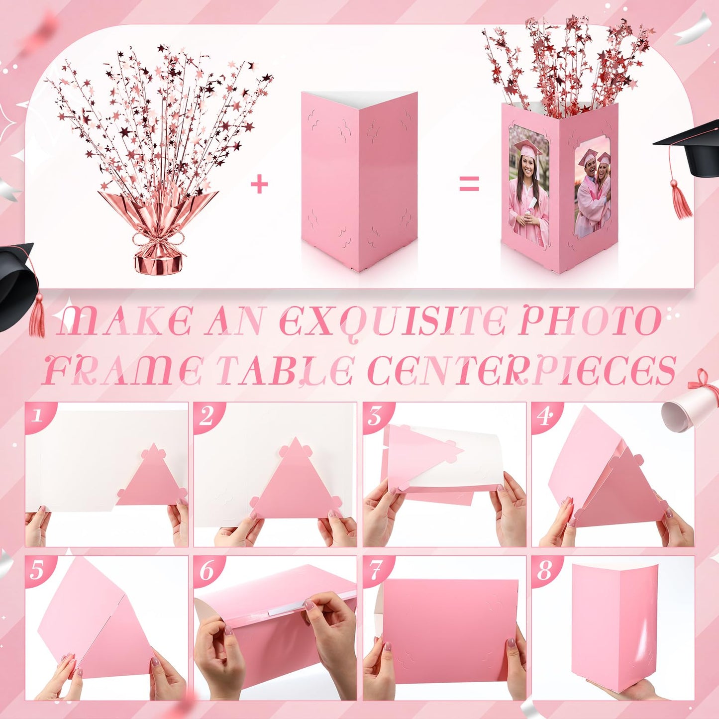 Yinder 16 Pcs 2026 Graduation Centerpieces Decoration Rose Gold and Pink 6/7 Inch Photo Display Frames Box Glitter Metallic Foil Spray Star Tabletop Decor for Class of 2026 Grad Party Decorations