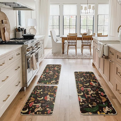 Artoid Mode Black Mushrooms Butterfly Spring Kitchen Mats Set of 3, Home Decor Low-Profile Kitchen Rugs for Floor - 17"x29"+17"x36"+17"x47"