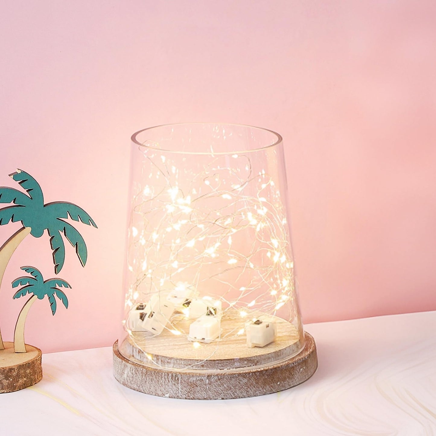6" Wide Glass Hurricane Candle Holders with Handmade Sturdy Glass Sleeves and Distressed Brown Wood Base for Pillar Candle & Plants, Industrial, Farmhouse, Display Cloche Bell Jars, Table Centerpiece