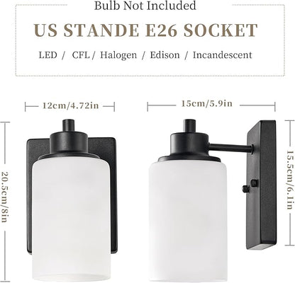 2-Pack Bath Vanity Light Fixture 1-Light, Indoor Farmhouse Bathroom Wall Sconces Lights for Living Room, Porch, Bedside, Black Finish with White Frosted Glass Shades Wall Mounted Lights