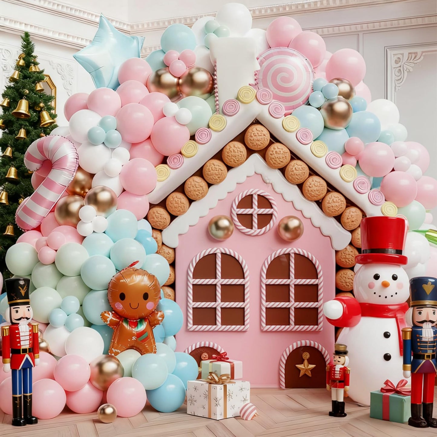 Christmas Balloon Garland Arch Kit, Nutcracker Balloon Pastel Pink Green Balloons Candy Cane Reindeer Peppermint Foil Balloons for Candyland Christmas Party Decorations Xmas Birthday Holiday Party