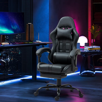 Massage Gaming Chair w/Footrest, Ergonomic High Back PC Chair w/Headrest and Lumbar, PU Swivel Home Desk Office Chair, Black