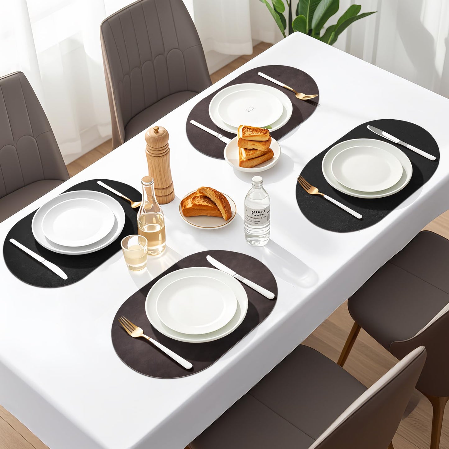 Oval Placemats Set of 6, Faux Leather Place Mats for Dining Table Dual Sided Placemats Heat Resistant Washable Wipeable Table Mats for Indoor Outdoor, Dark Brown/Black