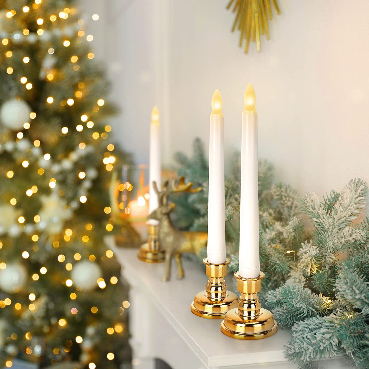 Daord LED Flameless Flickering Taper Candles with Remote & Timer Warm Light Battery Operated Christmas Window Candle for Wedding Party Holiday Home Table Decoration (9 Packs,White+Gold Holder(A))…