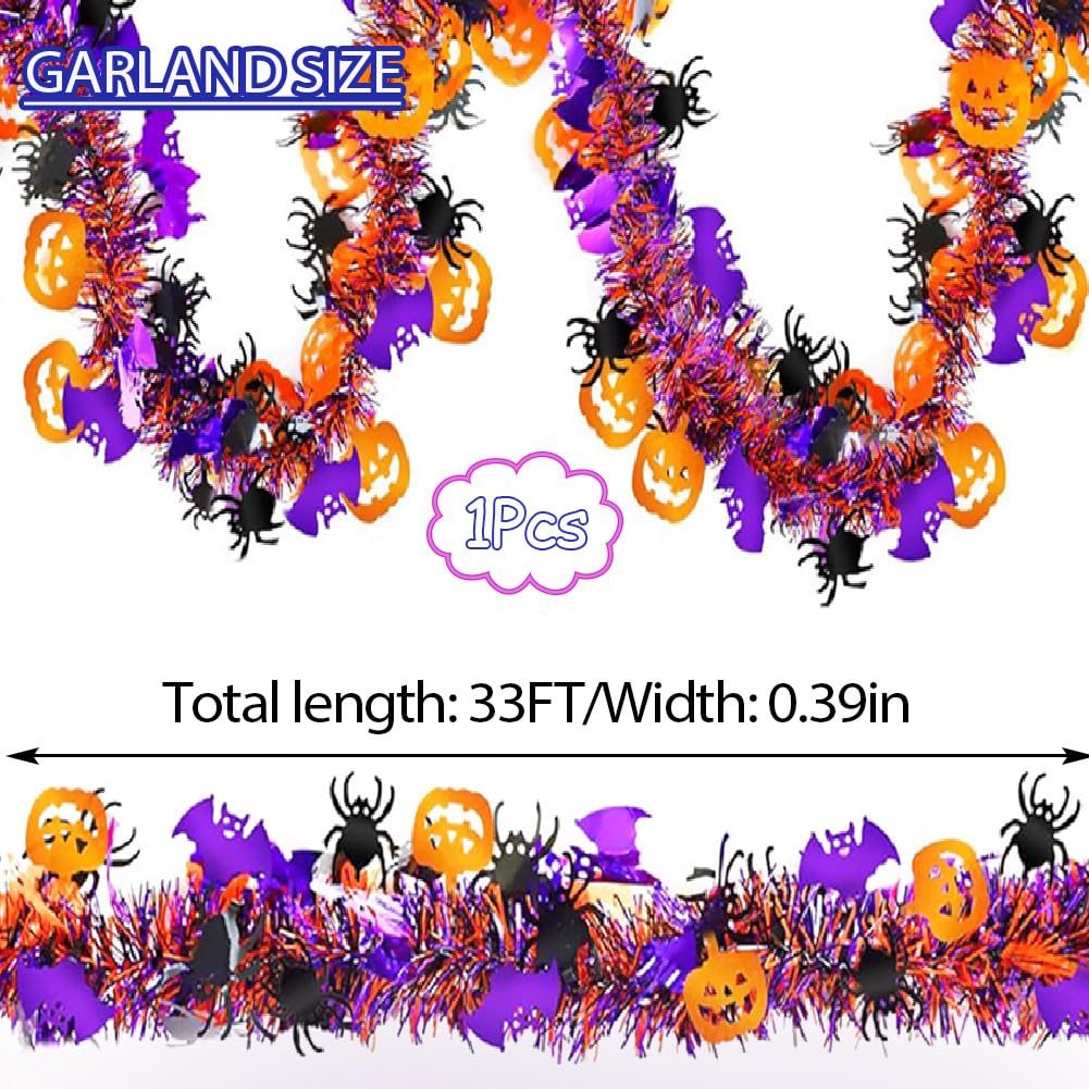 33 Ft Halloween Tinsel Garland with Orange Pumpkin Black Spider Purple Bat Glitter Fall Tinsel Garland Halloween Tree Ornaments for Home Indoor Outdoor Party Decorations