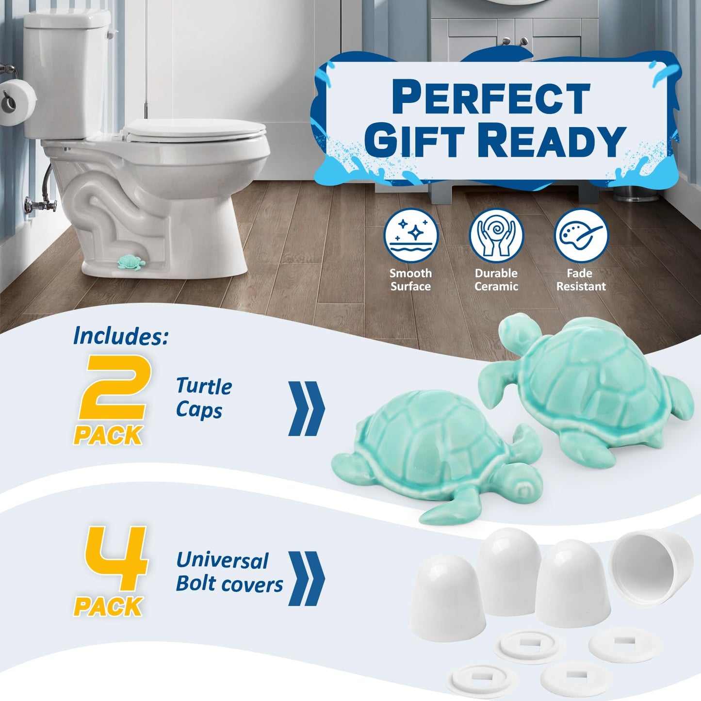 NEEXAN 2 Blue Ceramic Turtle Toilet Bolt Covers Decorative with 4 Universal Toilet Screw Cover Caps, Easy-Install Toilet Caps for Bottom of Toilet, Cute Bathroom Décor & Gift Set