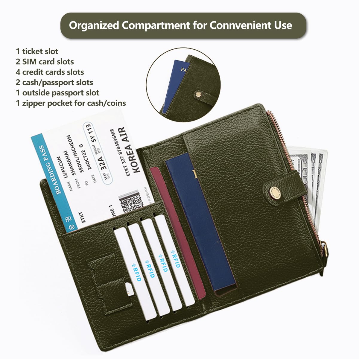 Slim RFID Blocking Passport Holder Wallet,PU Leather Travel Card Organizer,Lightweight Passport Case for Women Men (Green)