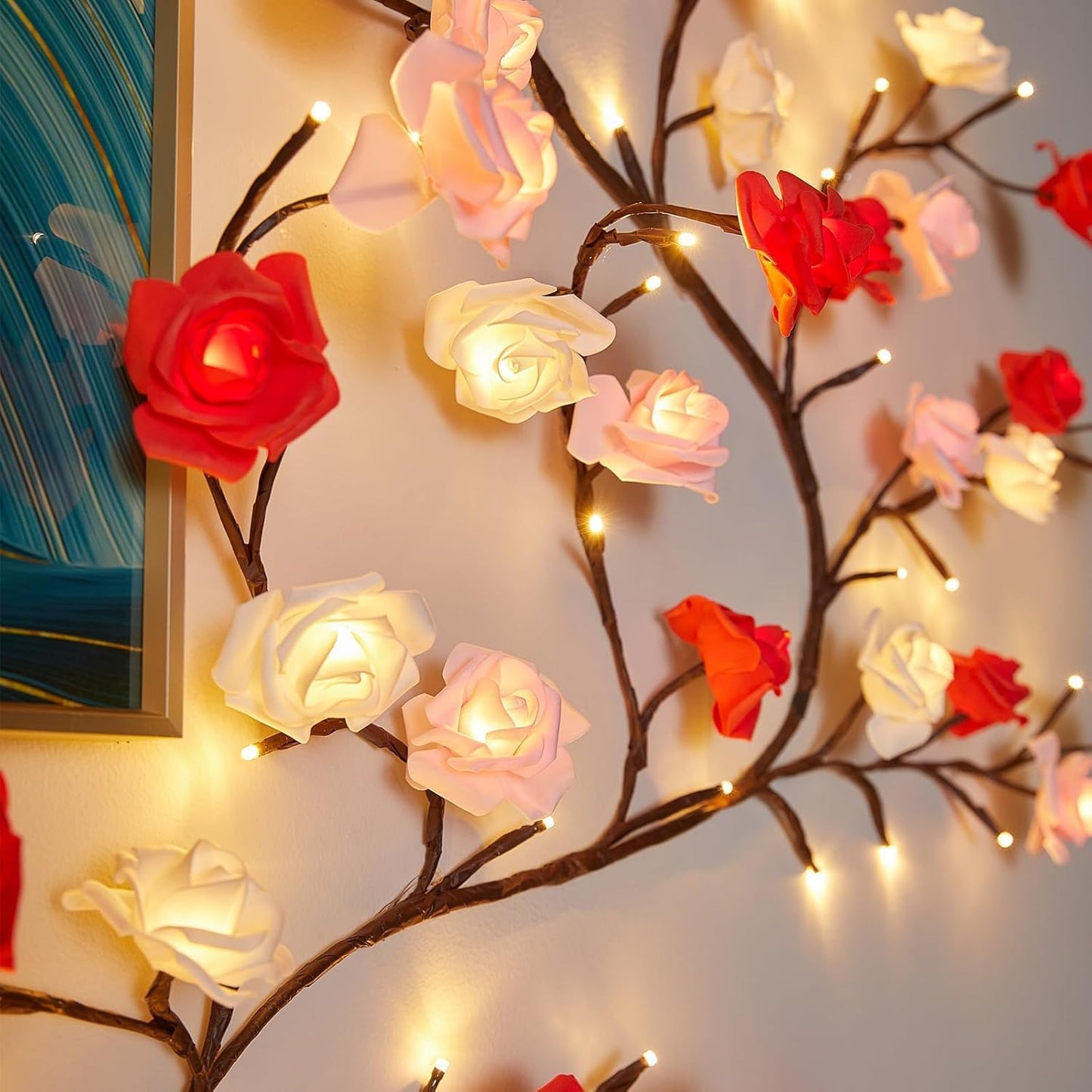 BomKra Rose LED Tree Branch Lights for Wall,Rose Blossom Willow Vine Branch Room Decor Gift,Flexible DIY Design,with 48 LED Lights and Remote,8 Lighting Modes,for Bedroom and Wall Decor (47inch)