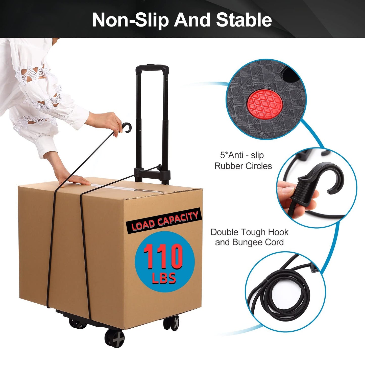 Folding Hand Truck, Lightweight Hand Truck Dolly Foldable,Luggage cart with 4 Rotate Wheels, Utility Cart with Adjustable Handle,Collapsible Dolly for Moving Travel Shopping Airport Office