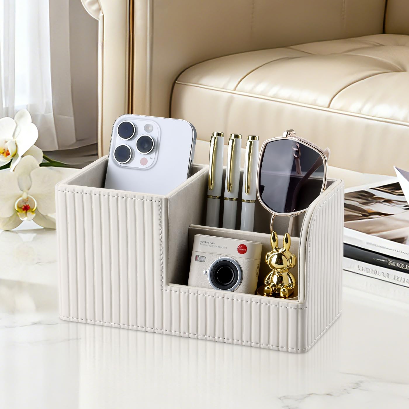 KINGFOM Desk Pen Organizer Office Supplies Caddy Pu Leather Multi-function Storage Box Pen/Pencil,Cell phone, Business Name Cards Remote Control Holder (Ivory White)