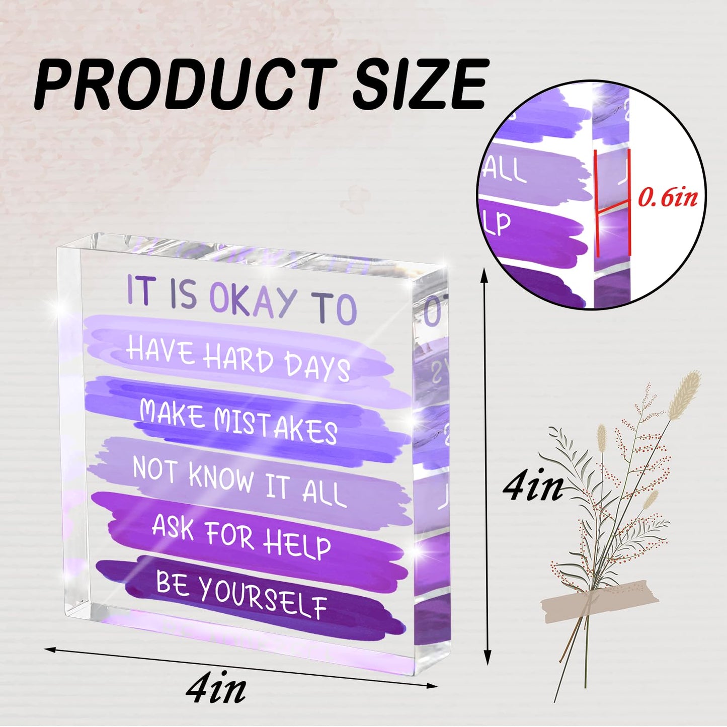 Mental Health “It Is Okay To...” Desk Sign - 4x4 Inch Purple Acrylic Affirmation Decor for Women, Therapy Office Decor, Self-Compassion Gifts, Anxiety Relief & Positive Workspace Accessories