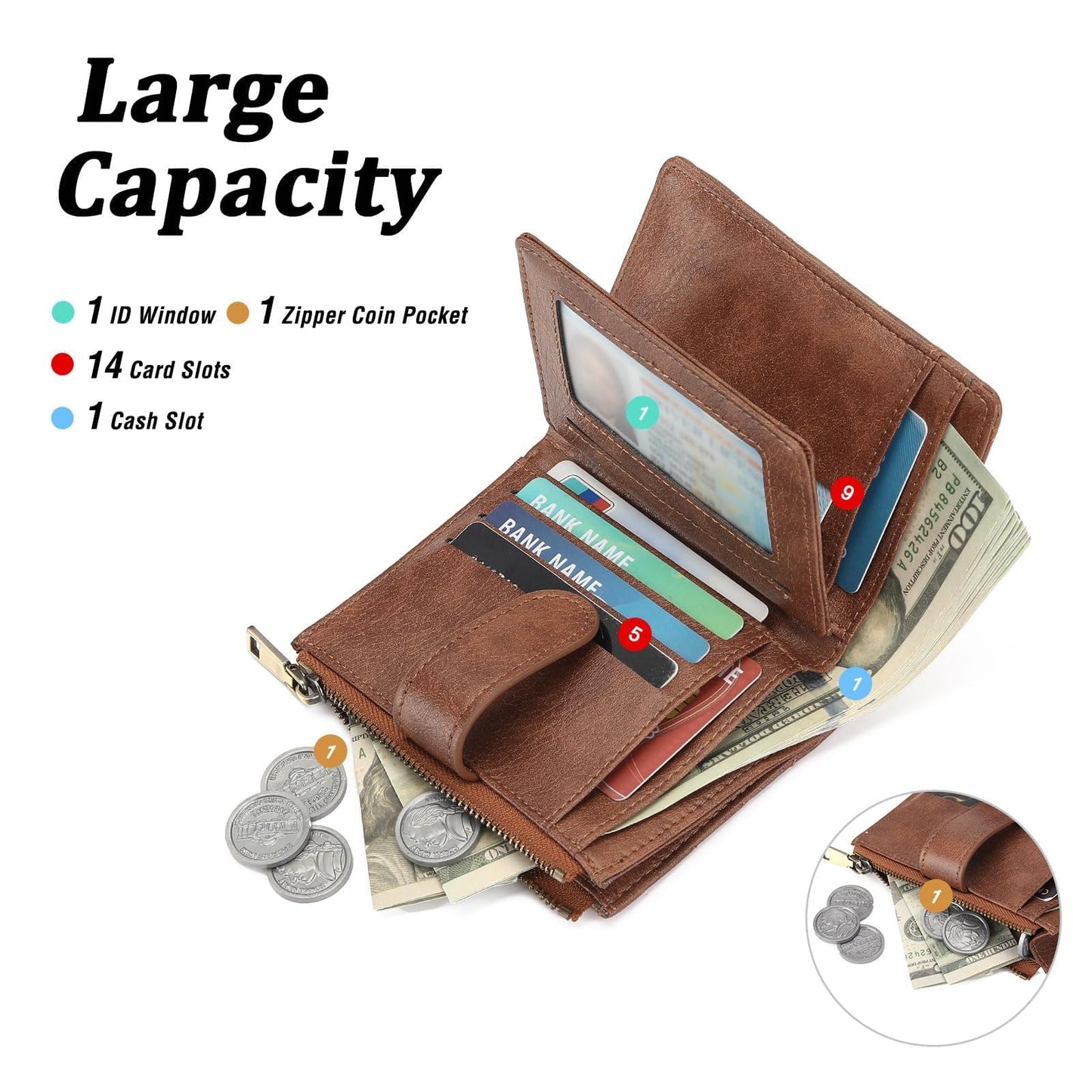 GAEKEAO Small Wallets for Women Vegan Leather RFID Blocking Bifold Zipper Pocket Wallet Card Case Purse with ID Window