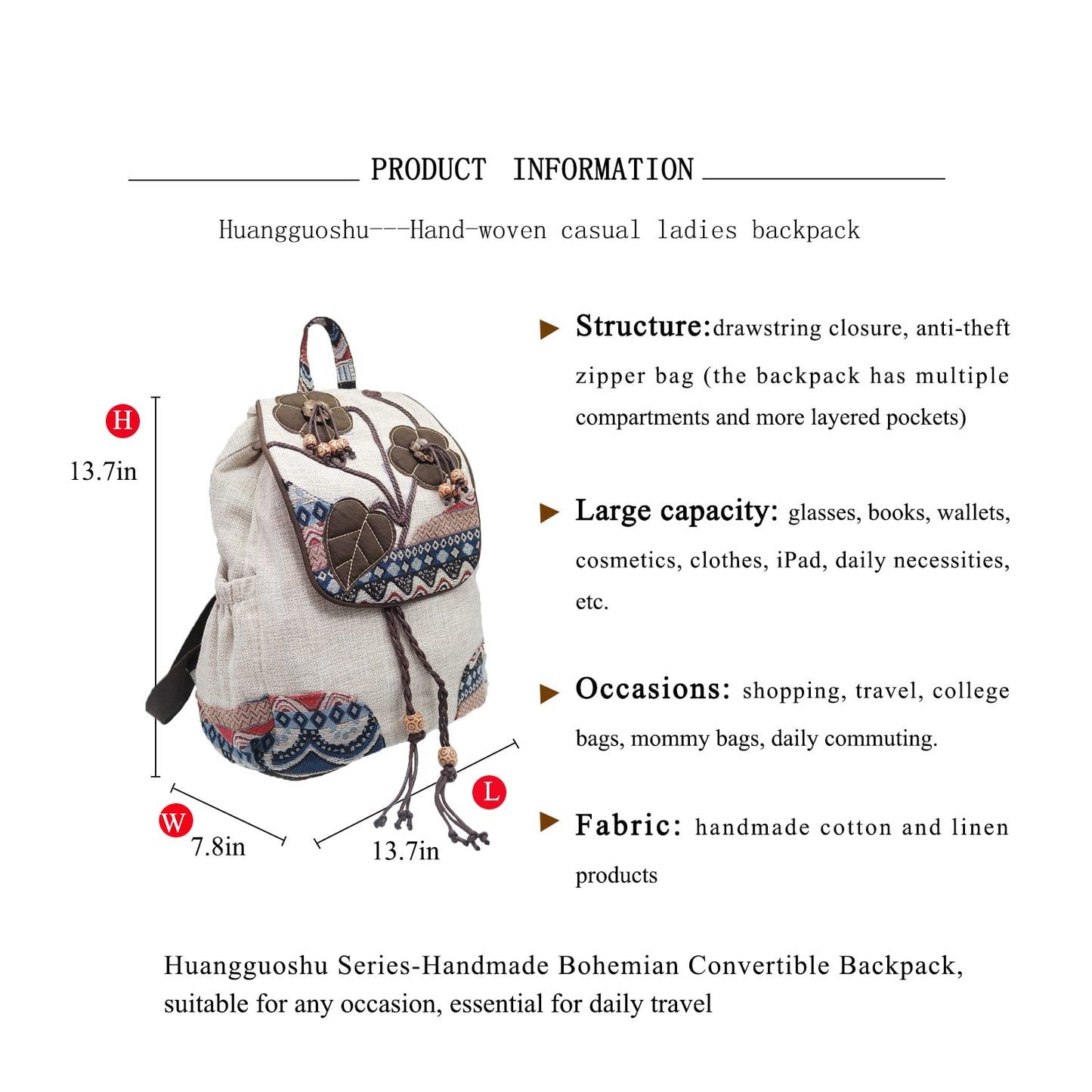 HUANGGUOSHU Backpack Purse For Women Casual Vintage Drawstring Back Pack Bohemian Travel Boho Hand-Held Flap Hand-Embroidered Backpack
