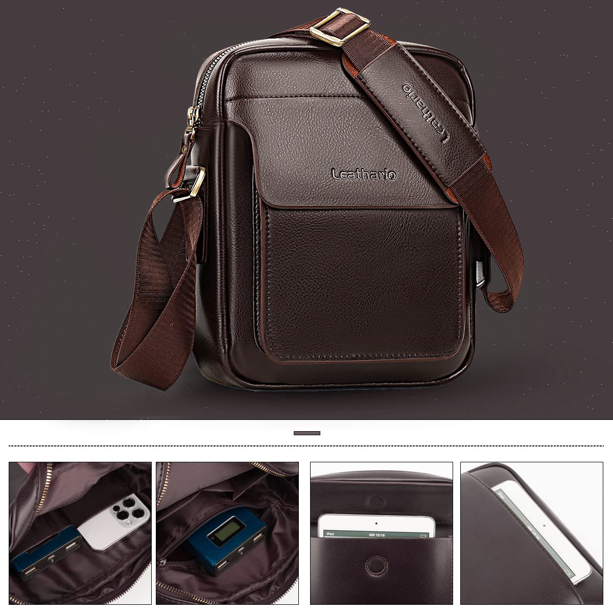 Leathario Crossbody Bag For Men Vegan Leather Shoulder Messenger Purse Sling Satchel Bag For Work Business Travel