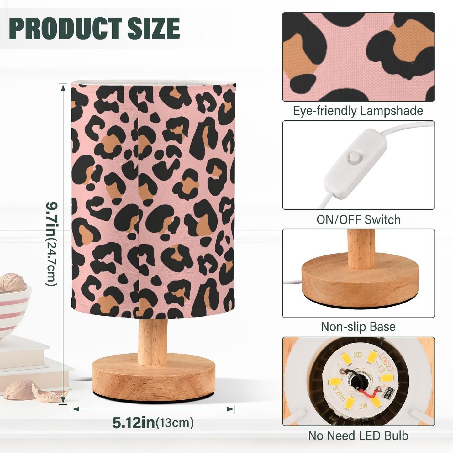 Oarencol Bedside Table Lamp Pink Leopard Nightstand Lamp with Wood Animal Cheetah Print Desk Lamps for Bedroom Living Room Nursery Office Home Decor