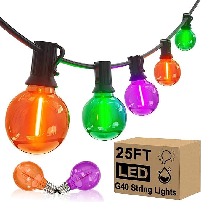 25FT G40 LED Outdoor Halloween String Lights, Orange Purple and Green Halloween Decoration Lights with 25 Globe LED Bulbs, UL Listed Hanging String Lights for Holiday Porch Garden Patio