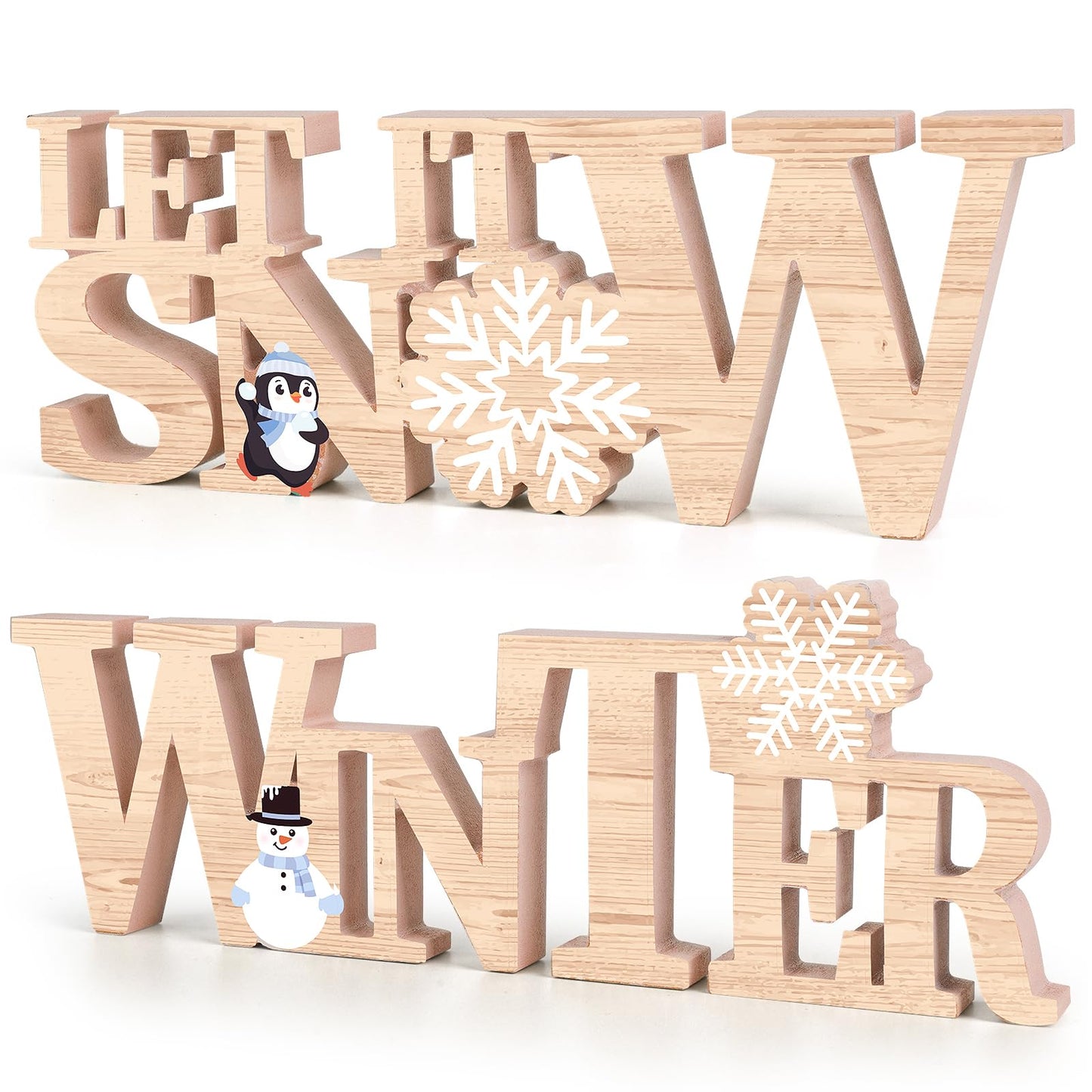 COCHIE Wooden Winter Let It Snow Sign, Snowflake Winter Decorations for Home, Office, Shelf, Mantel, Indoor, Blue White Wood Table Top Party Decor (Brown)