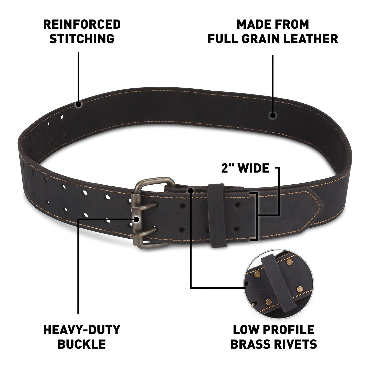 OX Pro 2 Inch Leather Tool Belt - Oil Tanned Full Grain Leather - Perimeter Stitched Construction Belt with Rivets - 28" to 44" Length - Cinturon Para Construccion