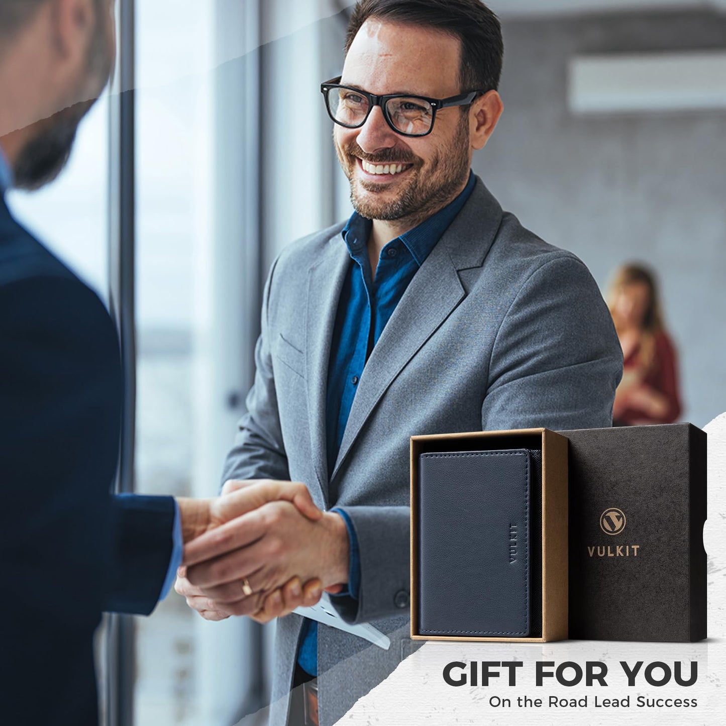 VULKIT Business Card Holder Premium Leather RFID Blocking Card Case With ID Window Magnetic Closure Holds Up to 40 Business Cards