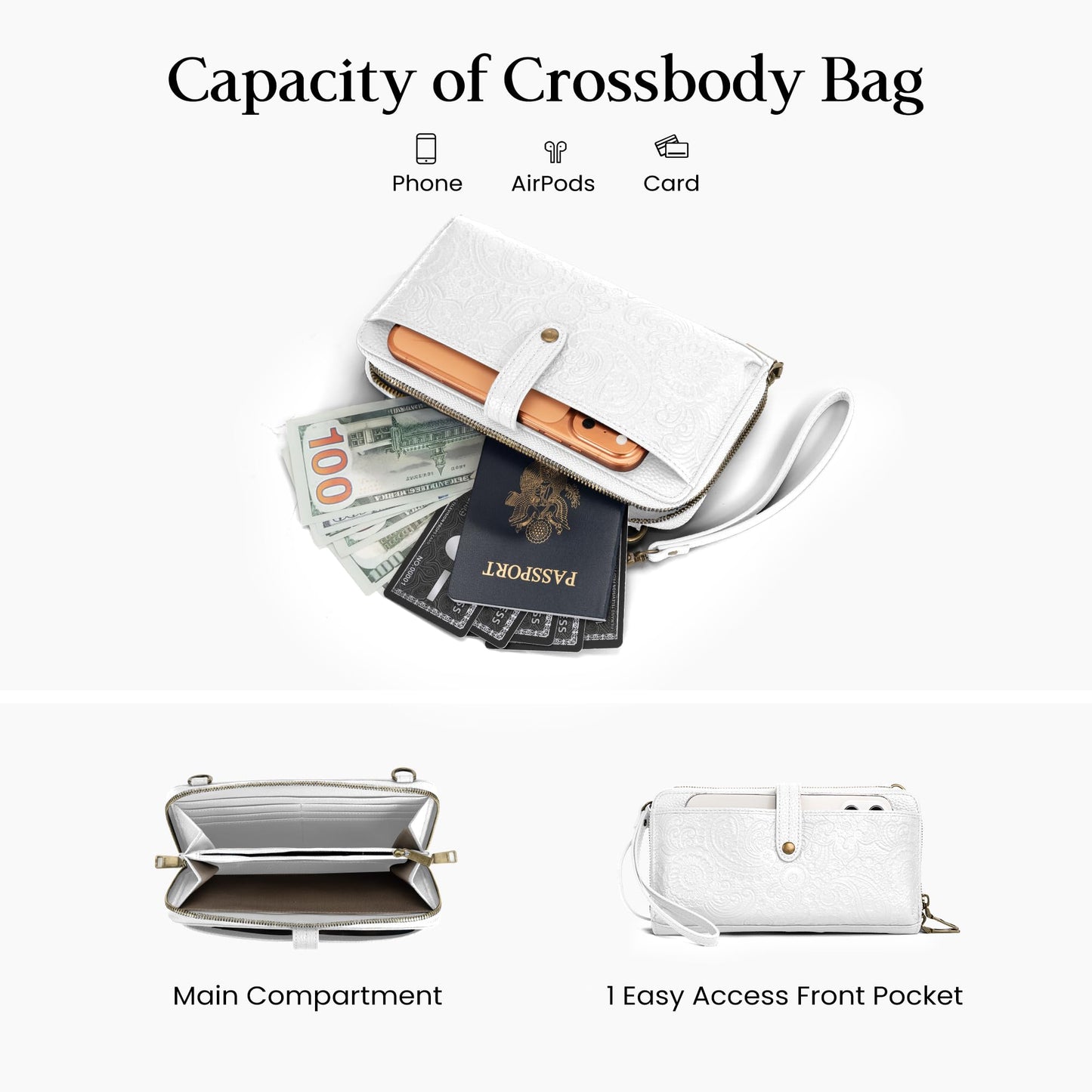befen Genuine Leather Wallet Purse for Women, White Purse Cell Phone Crossbody with Built in Wallet Soft Real Leather Crossbody Bag with RFID Blocking Travel Small Cluth Purse with 2 Removable Strap