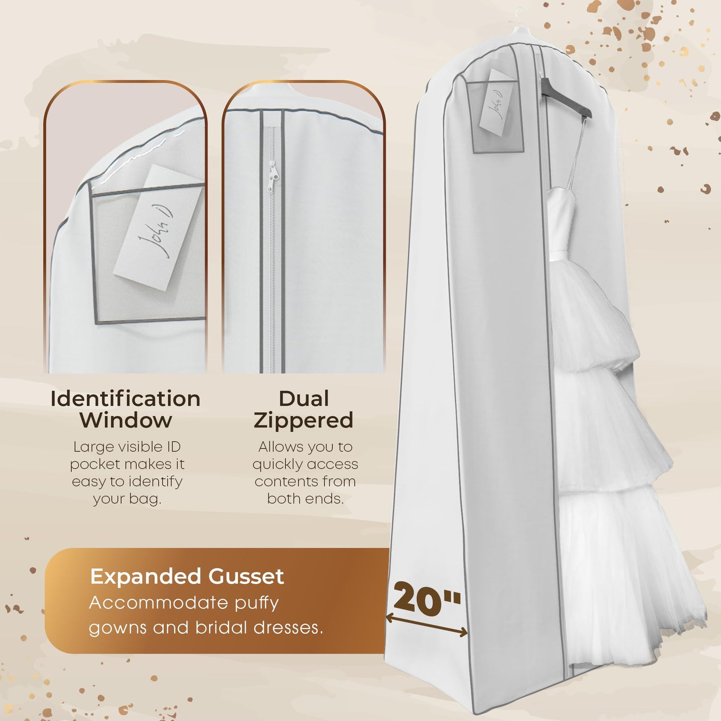 Your Bags 72” Wedding Dress Garment Bag with 20" Gusset & ID Window - Extra Large Bridal Garment Bags for Travel - Breathable, Foldable Dress Bag for Puffy Dresses, Prom & Formal Wear (White/Grey)