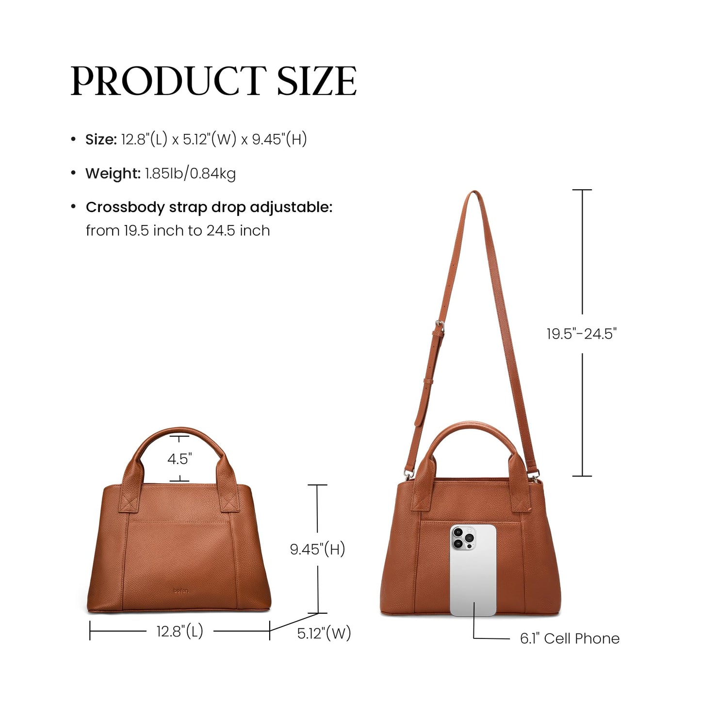 befen Womens Genuine Leather Purse and Handbags, Crossbody Shoulder Bags for Women, Small Satchel Tote Bag with Zipper Cognac Brown