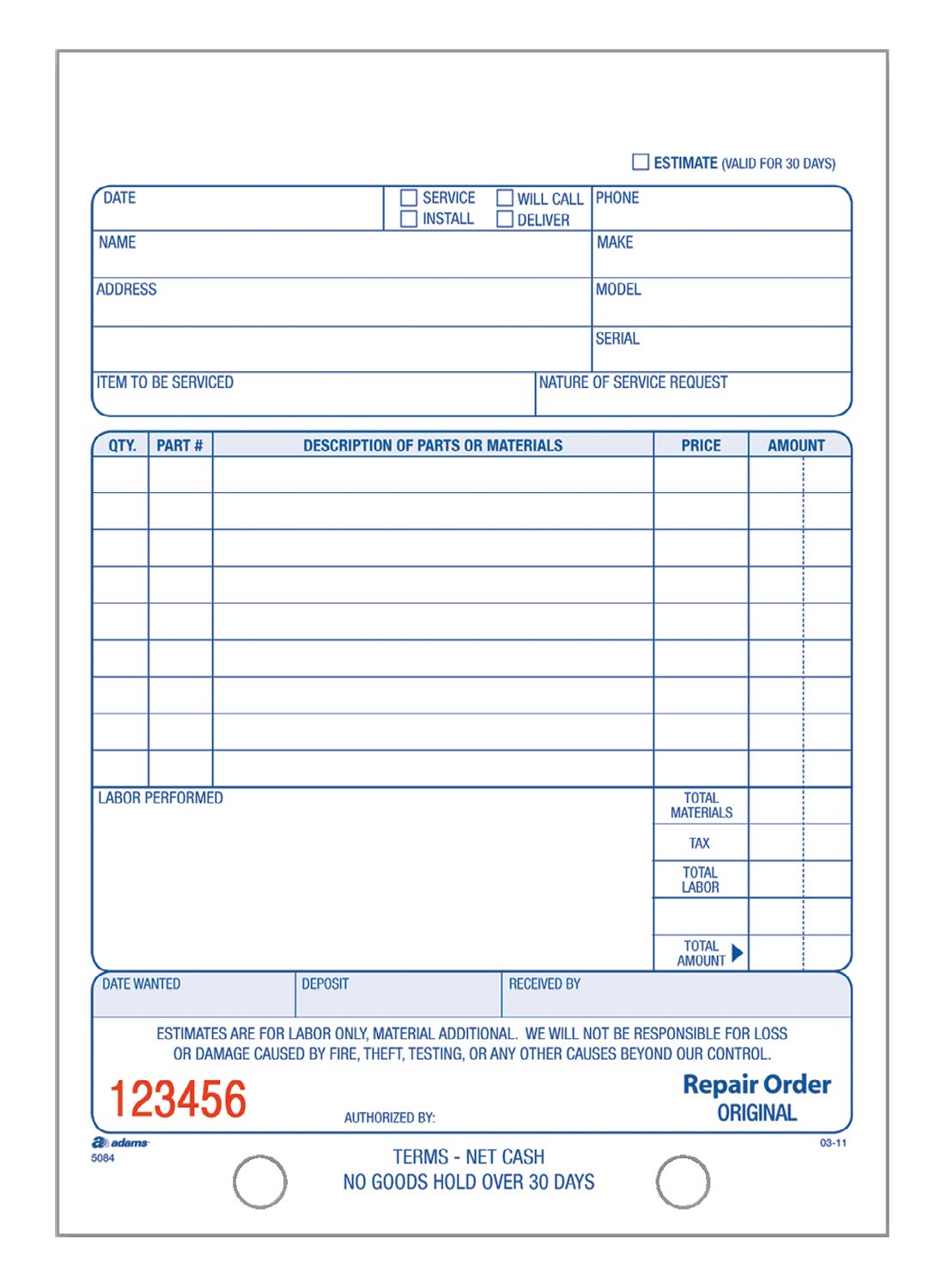 Adams Repair Order Book, 3-Part Carbonless, White/White/White, 5-9/16 x 8-7/16 Inches, 50 Sets (T5084)
