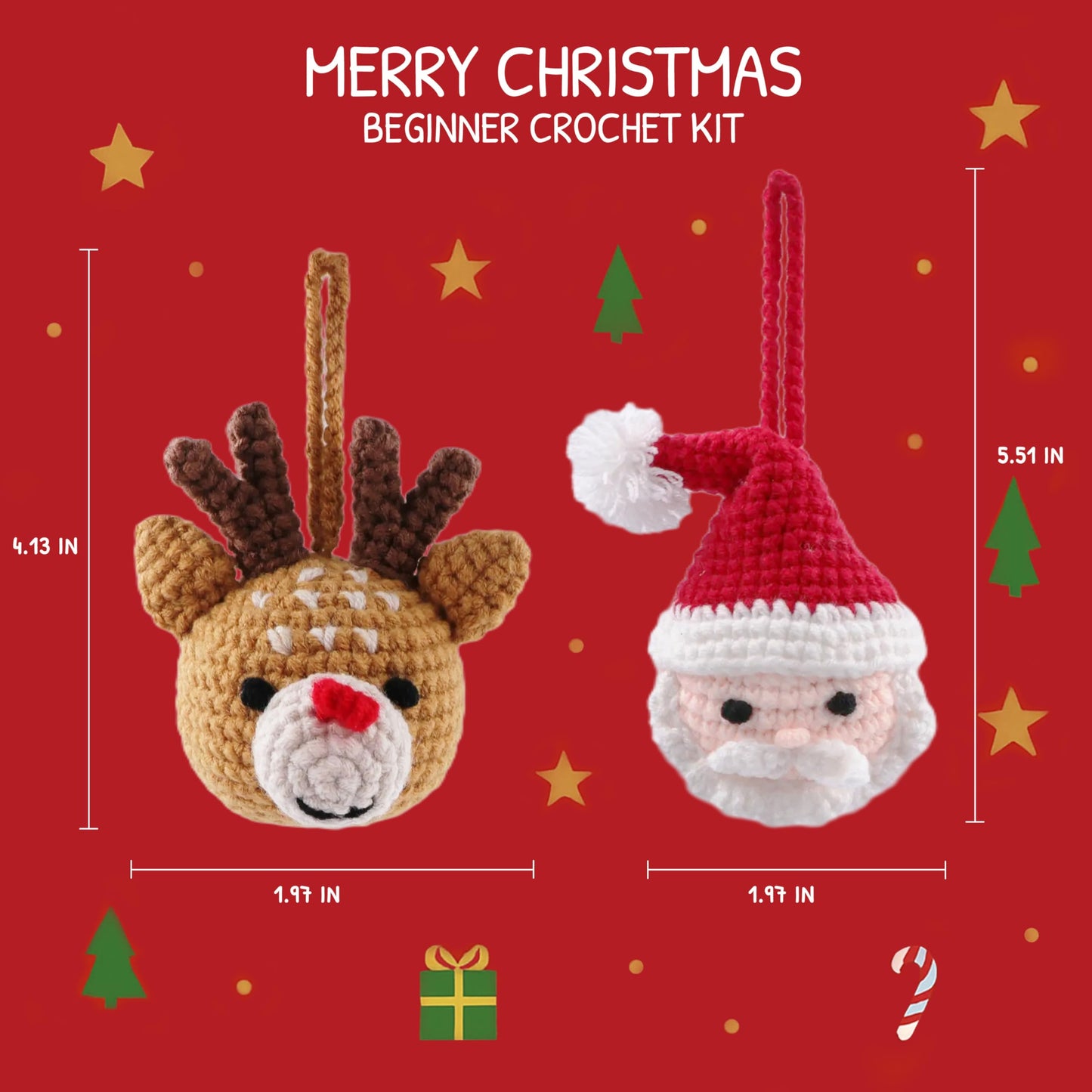 HOUSE CREATIVITY Christmas Crochet Kit for Beginners – Make Santa Claus & Reindeer Ornaments, Amigurumi Crochet Starter Kit with Video Tutorial, Yarn & Hook, DIY Holiday Tree Decor Gift