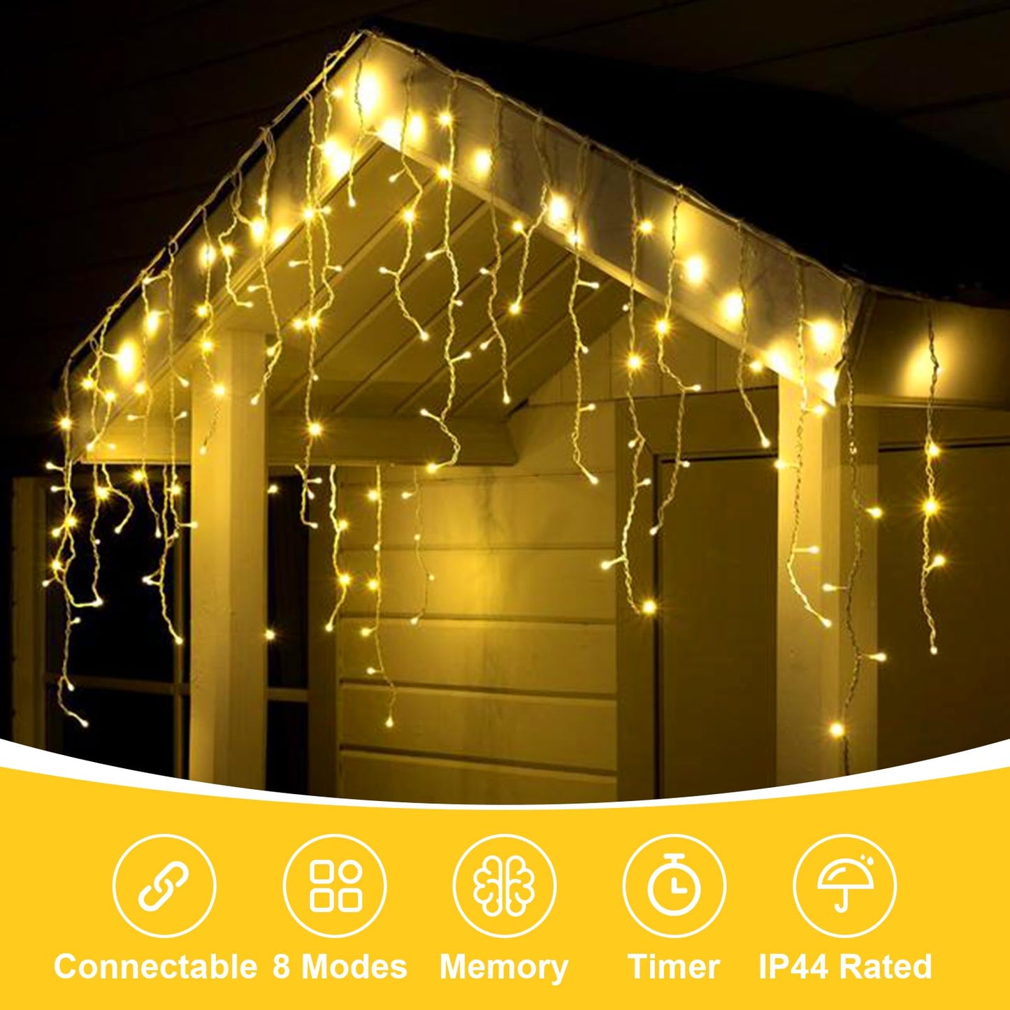 QITONG Warm White Icicle Lights for Outside, 33ft 400 LED String Lights Indoor with 8 Modes, Clear Wire Connectable Icicle Christmas Light Plug in