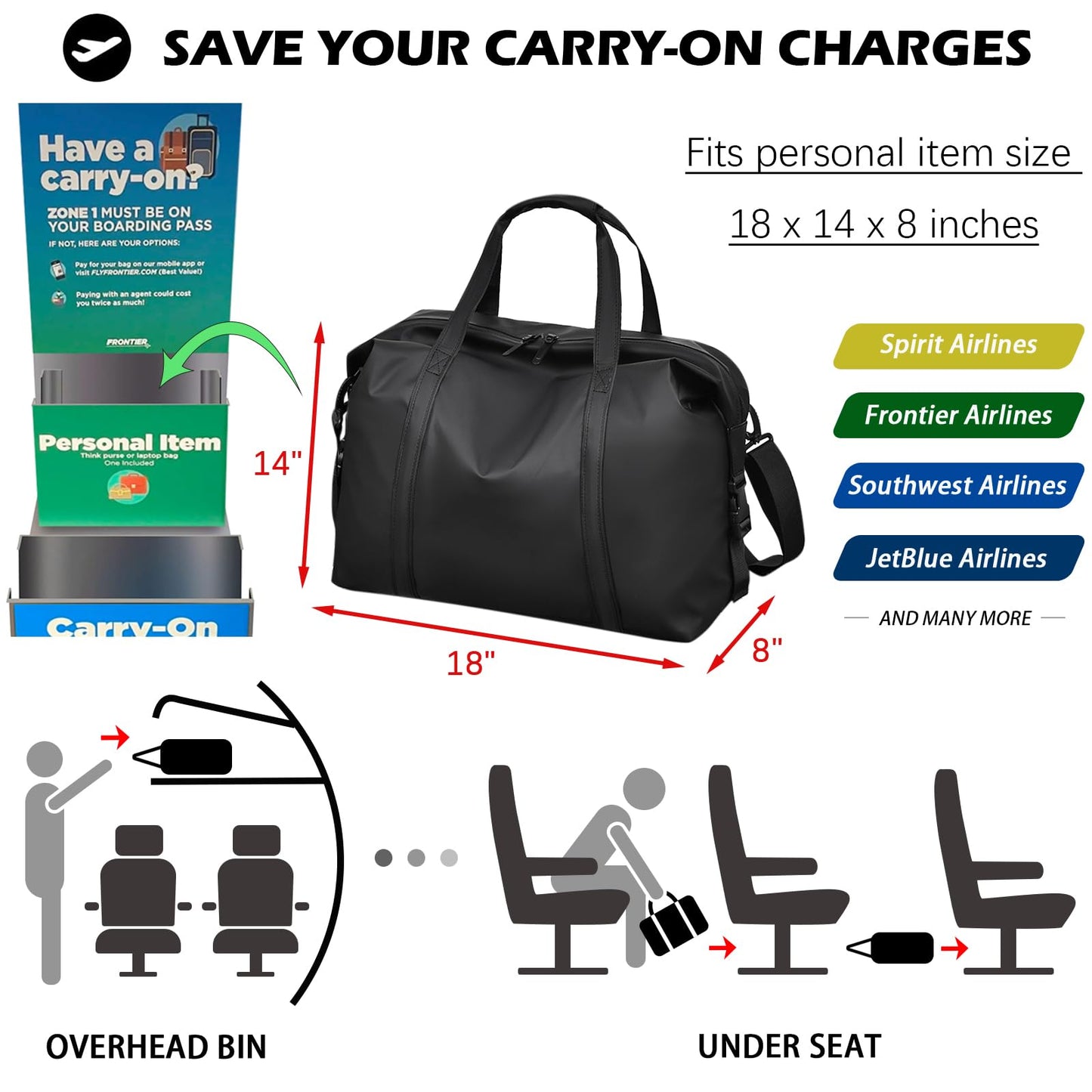 SZDPC Travel Duffle Bag for Spirit Airlines Personal Item Bag 18x14x8, PU Leather Carry on Tote Bag with Shoulder Strap, Weekender Bag for Men and Women