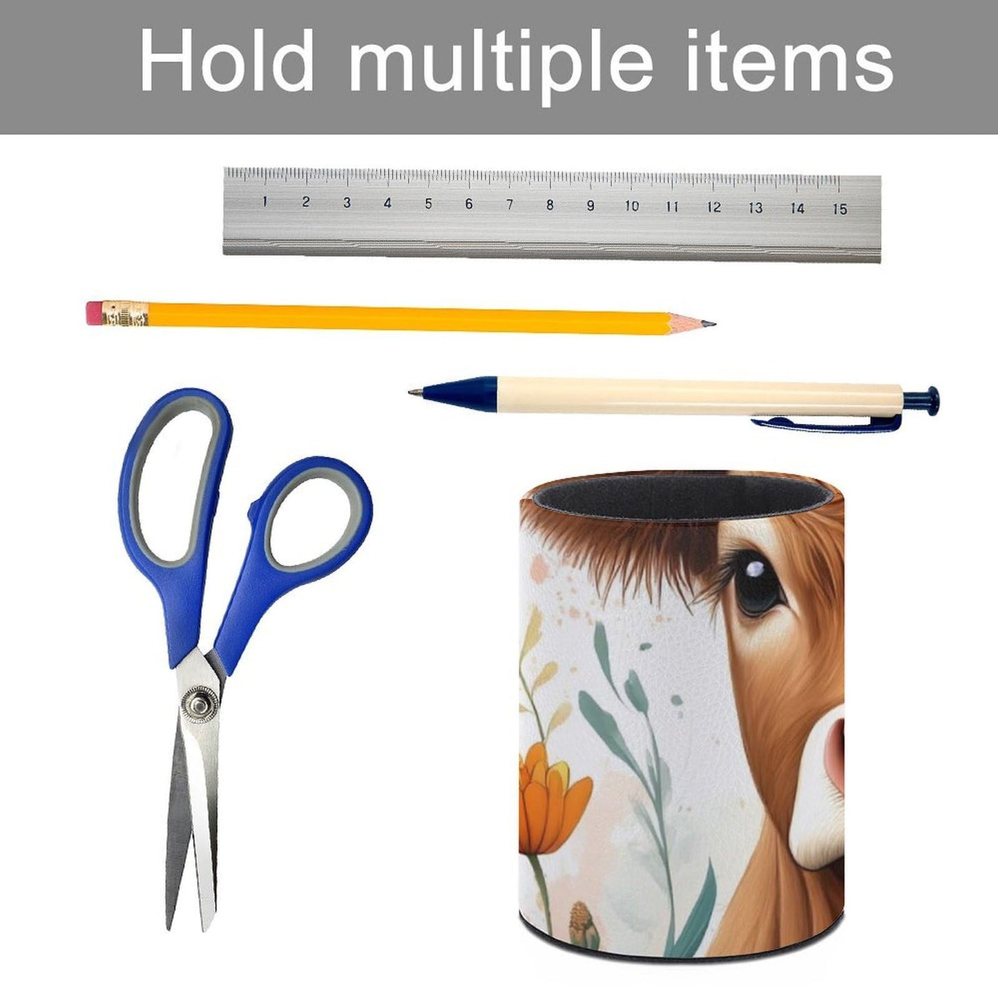 UTRSIFB Pen Holder Leather Pencil, Holder Cup Makeup Brush Storage Organizer, Waterproof Multifunctional Office Supplies Cute Highland Cow