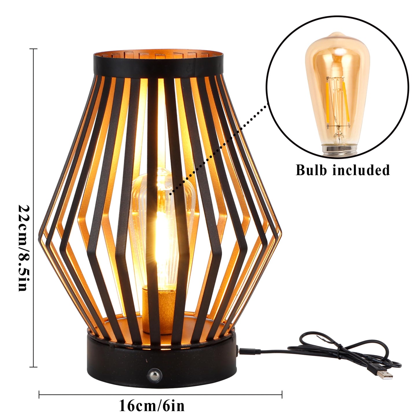 JHY DESIGN Dimmable Touch Bedside Table Lamp 8.5''H Rechargeable Metal Cage Lantern with LED Edison Style Bulb Cordless Accent Lamp for Weddings Parties Patio Events for Indoors Outdoors