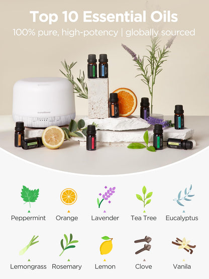 InnoGear Aromatherapy Diffuser & 10 Essential Oils Set, 500ml Essential Oil Diffuser with Remote Control Ultrasonic Cool Mist Scent Humidifier Vaporizer Auto-Off Timer for Room Office Home, Yellow