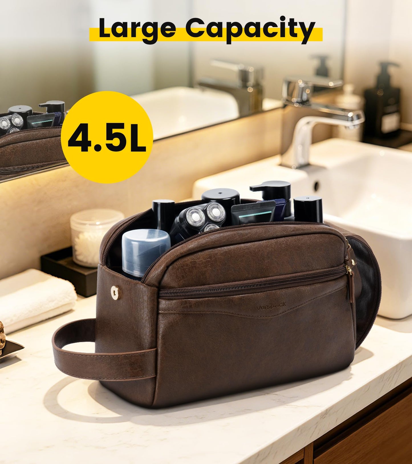 Vorspack PU Leather Toiletry Bag for Men, Water-Resistant Travel Bag for Toiletries, Wide Opening Bathroom Organizer for Shaving, Grooming, Skincare - Dark Brown
