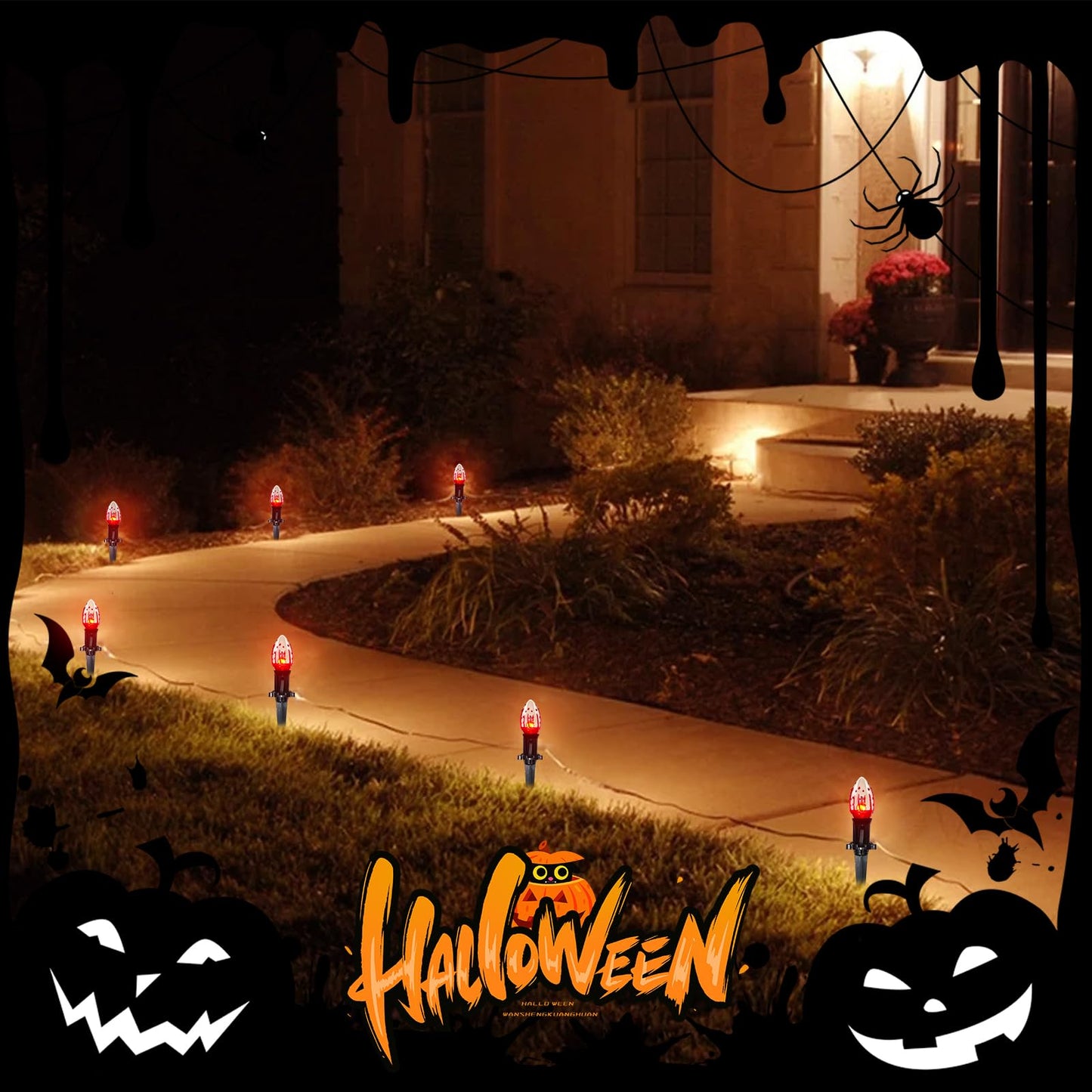GOOTHY 38Ft Outdoor Halloween Decorations Pathway Lights, C9 Flickering Flame Pathway String Lights with 25 Stakes Lights, Plug in Halloween Walkway Light Waterproof for Lawn Yard Sidewalk Garden