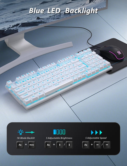 Mechanical Gaming Keyboard and Mouse, 98 Keys LED Backlit Keyboard with Floating Keycap, Ergonomic RGB Gaming Mouse with Mouse Pad Combo, Full Anti-Ghost Wired Keyboard for PC Laptop Gamer, White