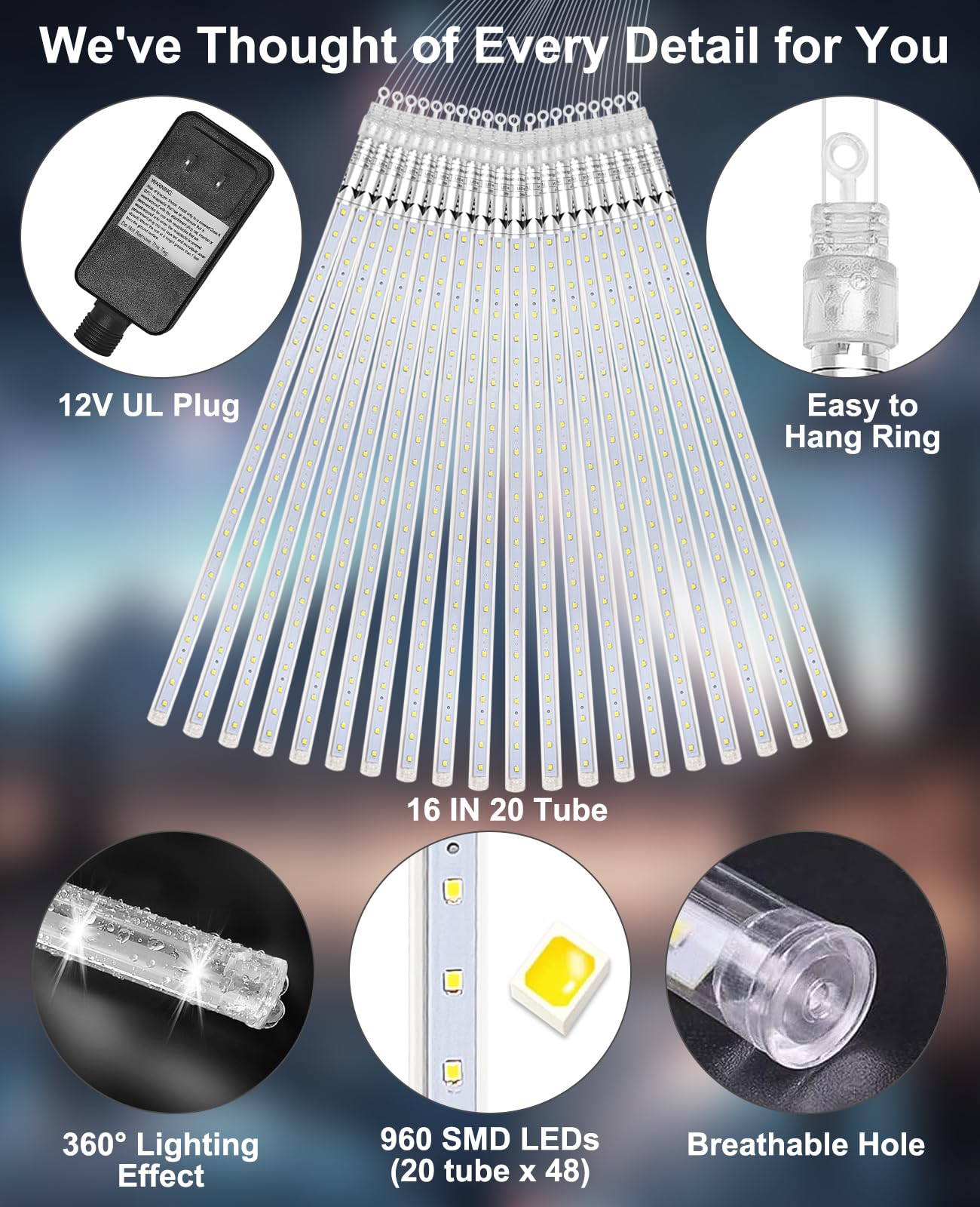 EAGWELL Christmas Lights Outdoor 16 Inch 20 Tubes Meteor Shower Rain Light, Waterproof Falling Icicle String Lighting for Xmas Tree Yard House Decor,Shine White
