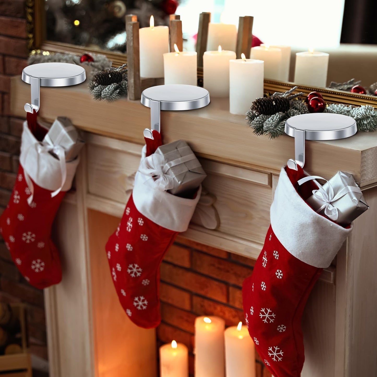WYTAOHZL 6 Pack Christmas Stocking Holder Round Mantle Stocking Holders with Non-Slip Bases Metal Hanging Hooks for Christmas Fireplace Stand DIY Decoration,Silver