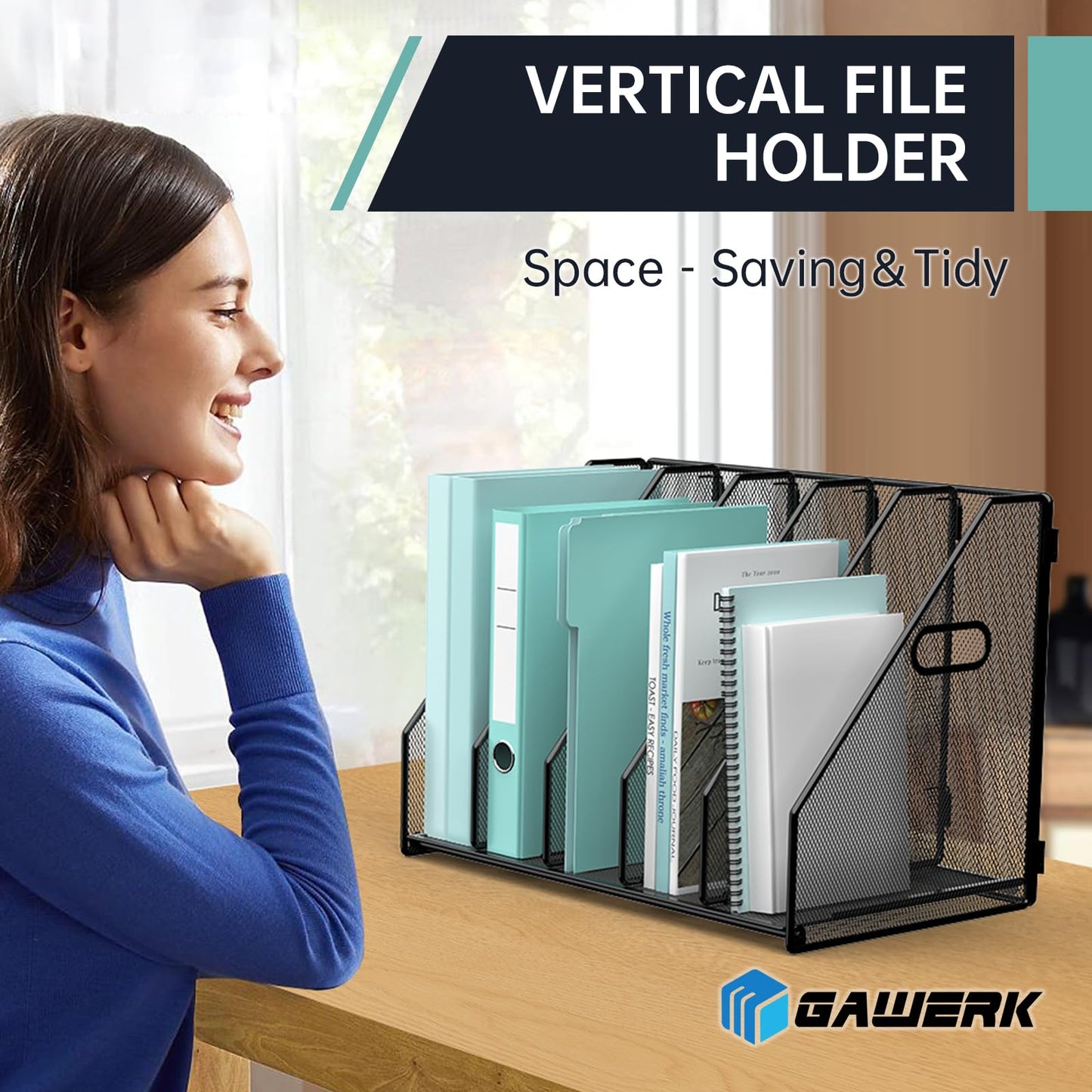 Gawerk Desktop File Magazine Folder Holder 5 Vertical Compartments, Desk Organizer Vertical Magazine Folder Organize with Side Handles, for Office Home School, Black