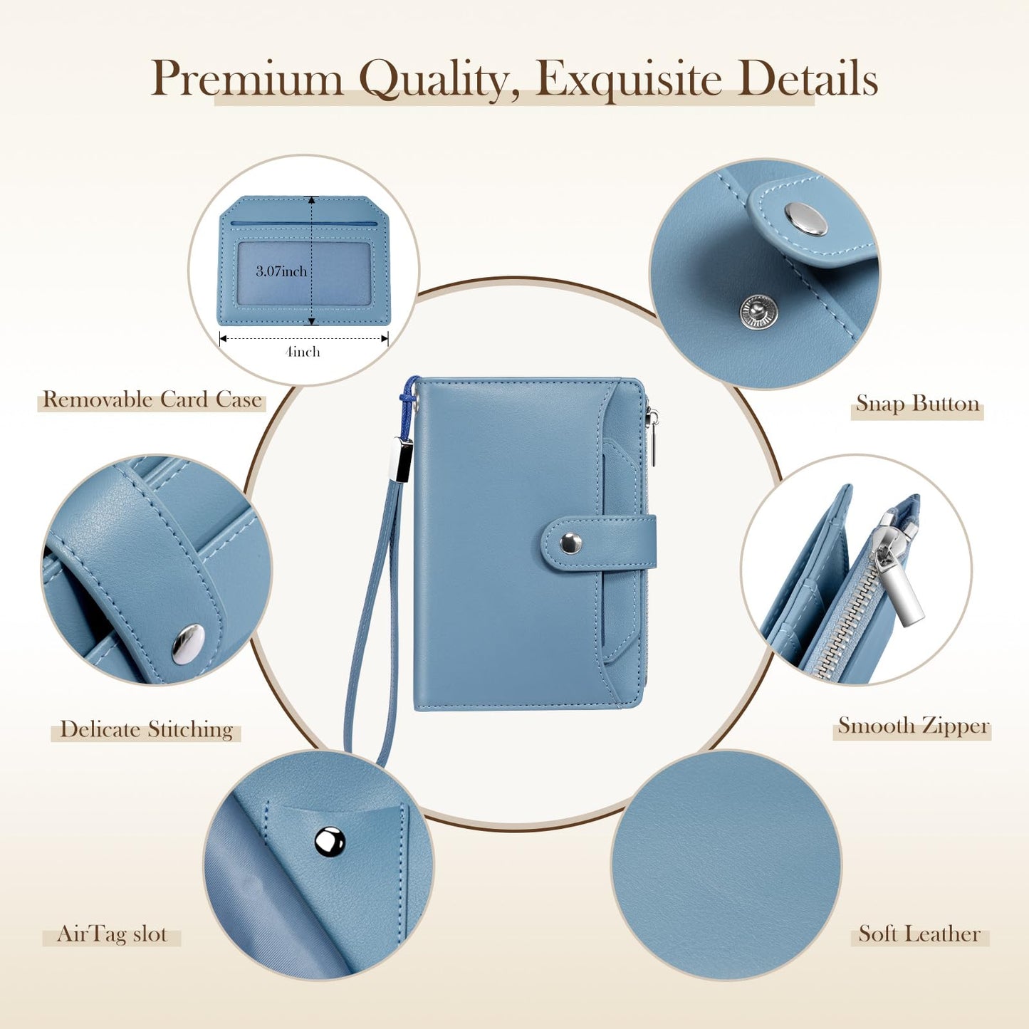 Dadanism RFID Passport Holder for Travel, Pu Leather Passport Wallet Cover with Card Holders, SIM Slots, Zippered Coin Pocket and Cash Slot, Slim Compact Travel Wallet for Women, Blue