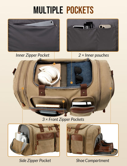 Celvetch Canvas Duffle Bag for Travel 65L Expandable Travel Duffel Bags for Men Women Overnight Weekend Gym Bag with Shoes Compartment - Brown(65L)
