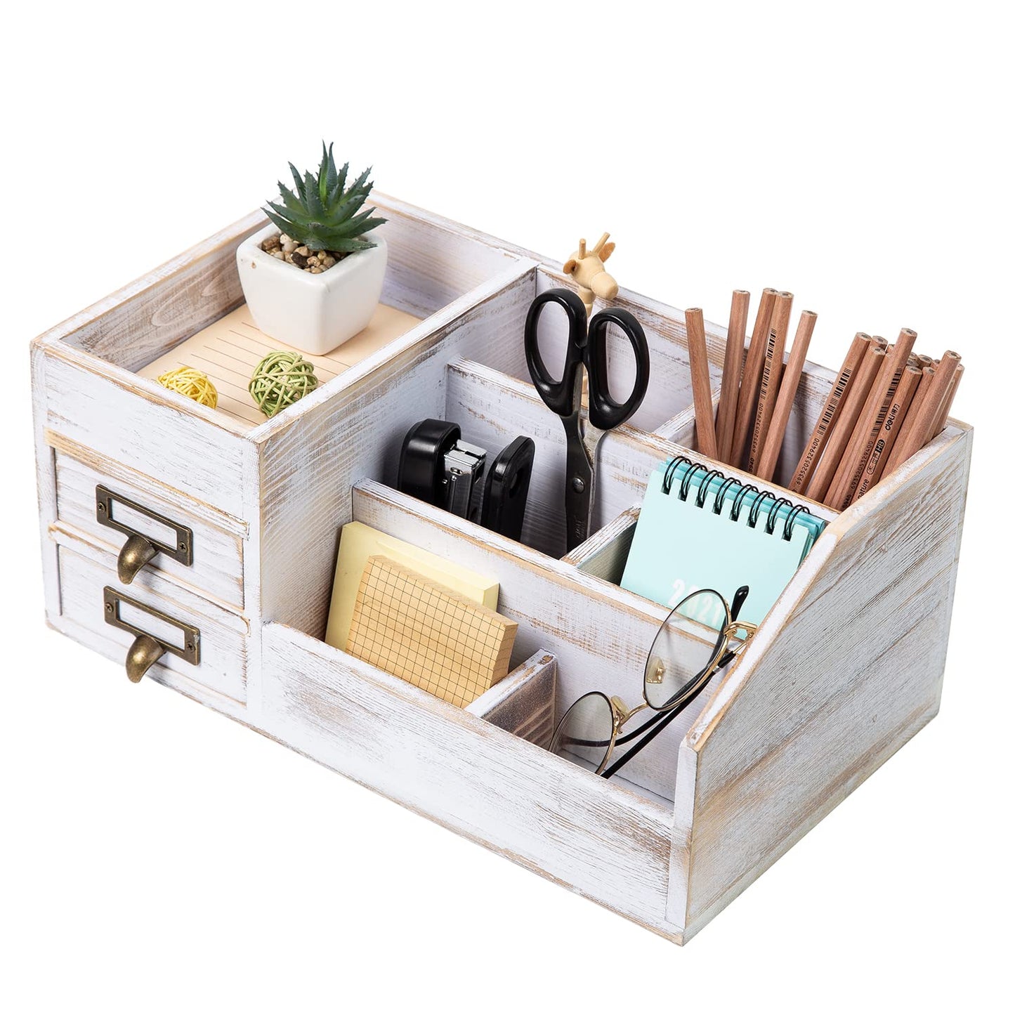 Distressed Rustic Wooden Office Desktop Organizer Shelf Tabletop Home Organizer Storage with Multiple Compartments 2 Tier Drawers perfect Jewelry storage Display Box for Desk Vanity (Washed white)