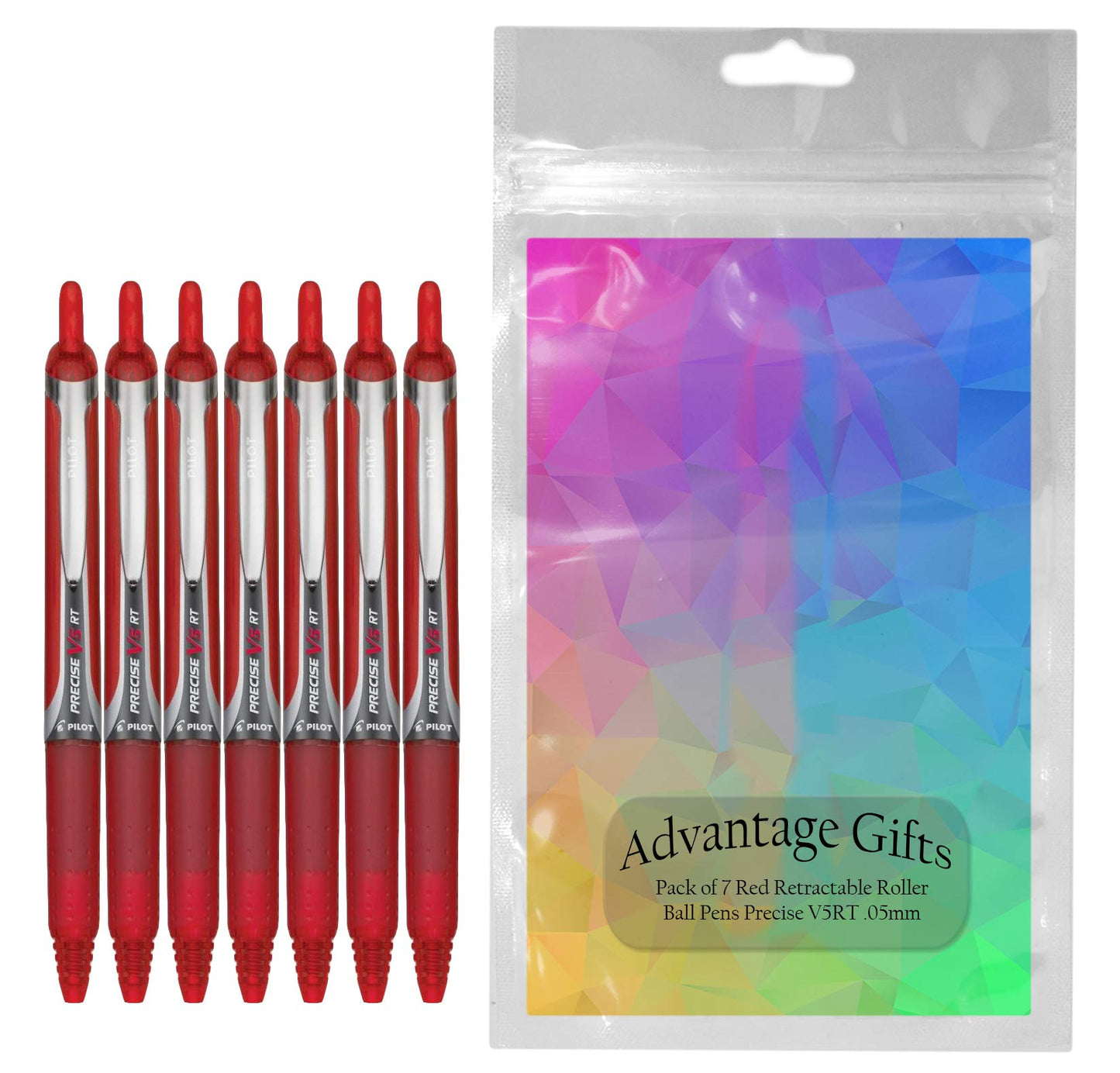 Advantage Gifts Precise V5 RT Retractable Rolling Ball Pens, Extra Fine Point (.5mm), Red Ink, 7-pk; Premium Comfort Grip, Bundle with Plastic Reusable Pouch